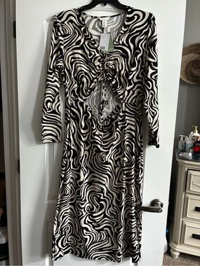 H&M Black and Cream Swirl Tie-Front Long Sleeve Dress